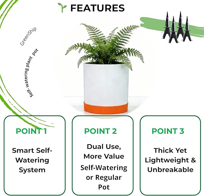 GreenShip 15″ Self-Watering Cylinder Planter Pot with Saucer & Plugged Drainage Hole – Dual Use: Self-Watering or Traditional Pot – Jun Porcelain Clay & Recycle Resin, Durable & Unbreakable(W/T)