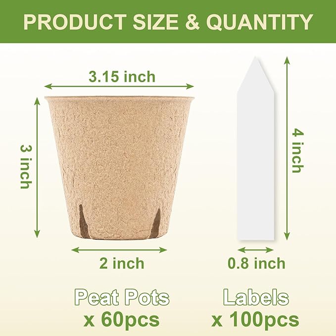 NEWMIAO 60 Pack 3.15 Inch Peat Pots, Biodegradable Seed Starter Pots for Seedlings with Drainage Holes, Germination Nursery Pots Kit Including 100 Plant Labels for Gardening (Round-60pcs)