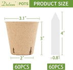 Dalzom® 60Pcs 3.1” Peat Pots with 60Pcs Plant Labels, Biodegradable Pots for Seedlings with Drainage Holes, Garden Plant Nursery Pots Seed Starting Trays