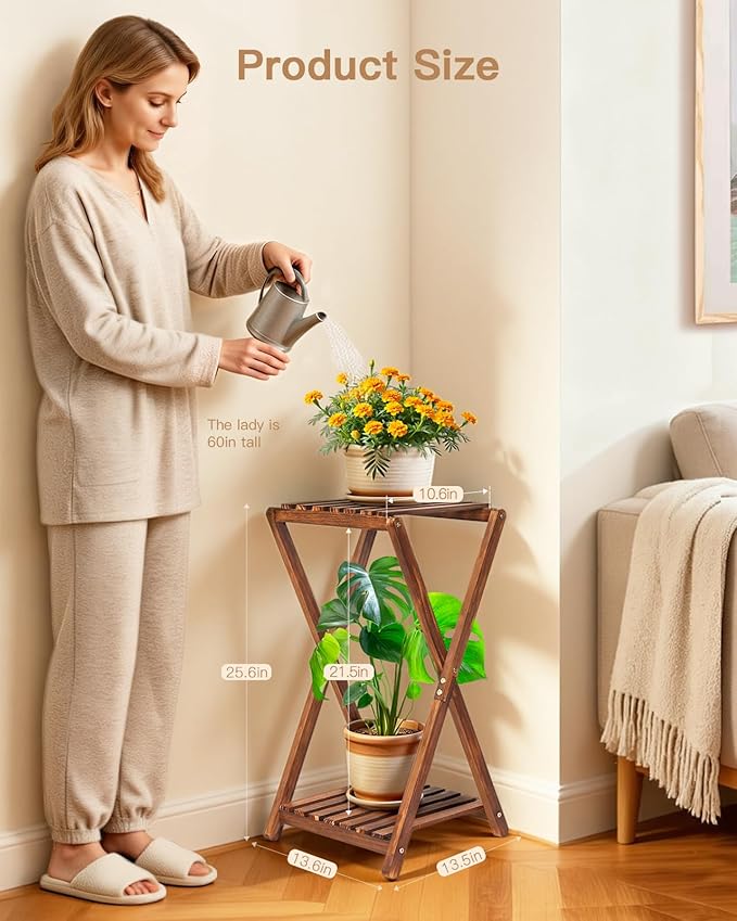 Plant Stand Indoor,Wooden 2 Tier Plant Stands,Corner Square Plant Shelf,Rustic Flower Stand Tall Plant Holder for Living Room Bedroom Balcony Office