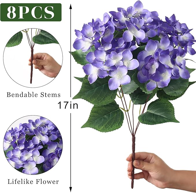 FOTEEWL 8 Bundles Artificial Hydrangea Flowers for Outdoor Decor, Realistic Faux Silk Bouquets Sun-Resistant Fake Plants for Front Door Balcony Farmhouse Garden Home Spring Summer Decor (Purple)