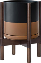 D'vine Dev Ceramic Planter with Walnut Color Stand - 10 Inch Modern Round Flower Pot with Wood Planter Holder, Black/Speckled Tan, 55-B-X-7