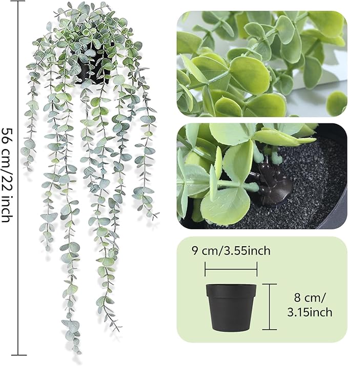 Clearain 1pcs Fake Hanging Plants, Artificial Small Potted Plants, Mini Faux Succulent Plant for Indoor Outdoor Aesthetic Office Living Room Shelf Home Decor (Eucalyptus leaves-1pcs)