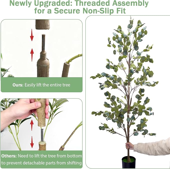 Faux Eucalyptus Tree 6FT, Artificial Potted Tree for Indoor Outdoor, Fake Floor Plants with Natural Wood Trunk, Home Office Living Room Bedroom Decor