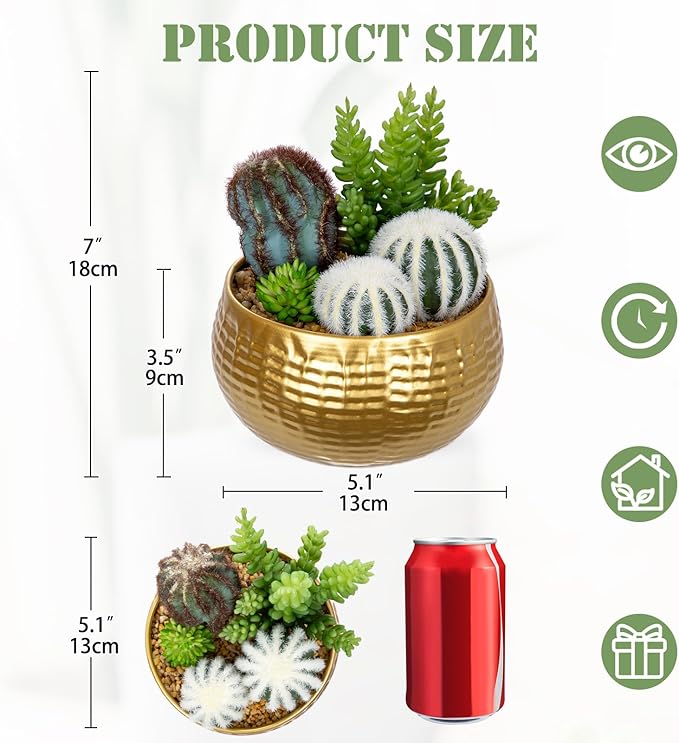Artificial Cactus Plants Indoor, 7" Assorted Small Faux Succulent in Pots Fake Potted Desk Plant with Gold Bowl Mini Succulents Artificial Cactus Decor for Home Office Bathroom Table Shelf