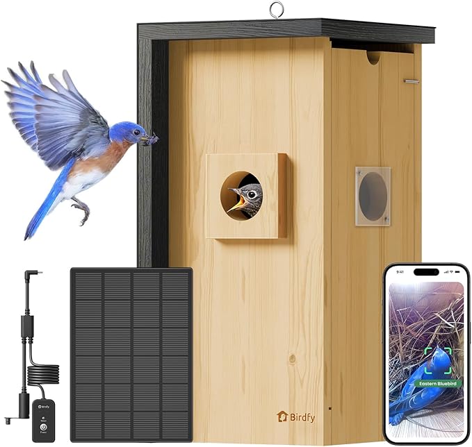 Birdfy Bird House with Camera Solar Powered with Iron Guard for Outside, AI Identify, 1080P HD & Night Vision for Bluebird Finch Swallow Wren Chickadee Nesting Watching, Auto Detect & Notify