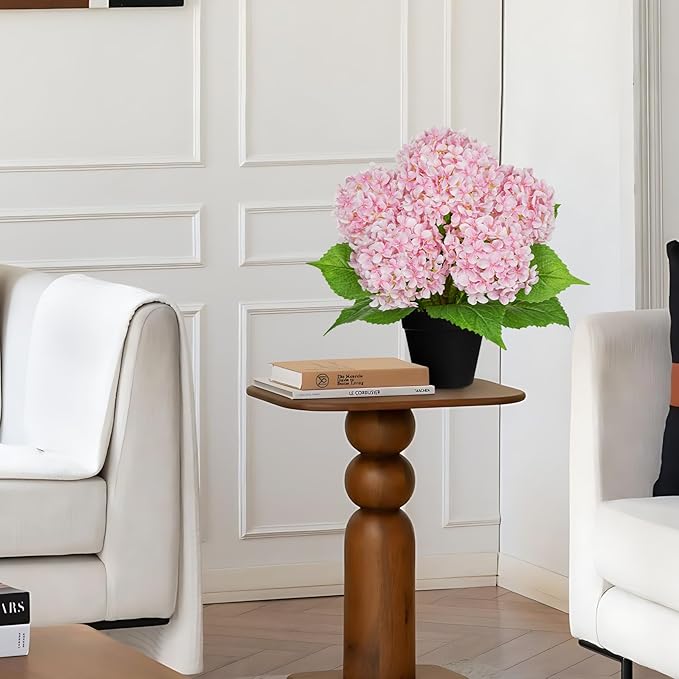 18" Hydrangea Artificial Flowers Plant in Black Plastic Pot, Faux Hydrangeas Plants for Home Office Indoor Outdoor Decor, Realistic Floral Centerpiece for Living Room & Porch Decorations, Pink