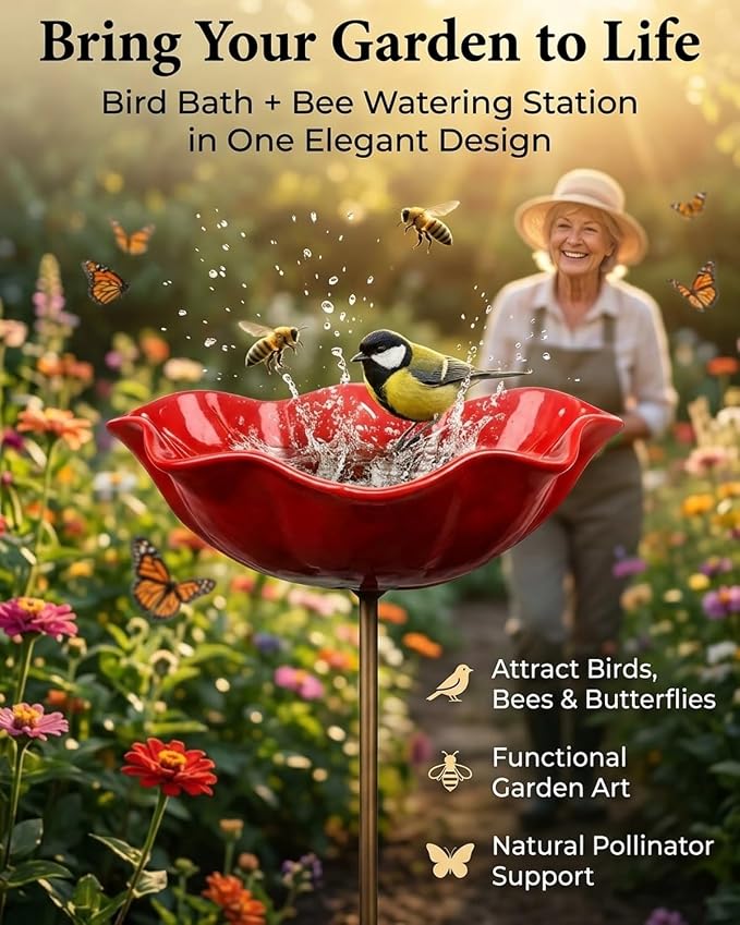 2026 Handmade Metal Flower Garden Stake with Bee Bath & Bird Water Bowl 24in Birdbaths Butterfly & Pollinator Flowers Watering Station Rain Catcher Decor Outdoors Yard Art Fountain Water Feeder