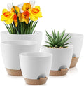 YNNICO Plant Pots 10/9/8/7.5/7 inch, Self Watering Planters with Drainage Holes & Saucers for Indoor and Outdoor Plants (White)