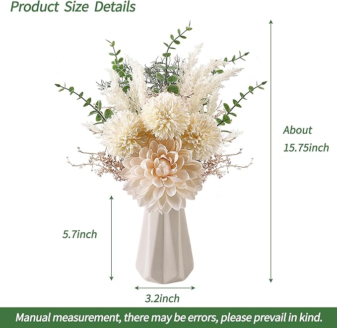 CEWOR Fake Flowers in Ceramic Vase, Artificial Flowers with Ceramic Vase Faux Silk Floral Arrangement Table Centerpieces Decor for Home Office Dining Farmhouse Coffee Table Living Room