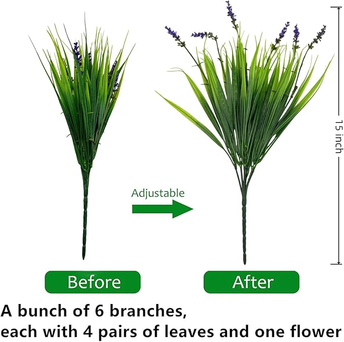 12 Bundles Artificial Grass Fake Plants，Outdoor Fake Monkey Tail Grass with Flowers for Pot UV Resistant Lavender Patio Garden Porch Home Window Hanging Planter Decor Faux Plastic Shrubs(Puper+Green)