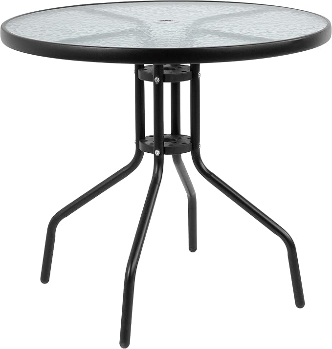 EMMA + OLIVER 6 Piece Black Patio Garden Set with Umbrella Table and Set of 4 Folding Chairs