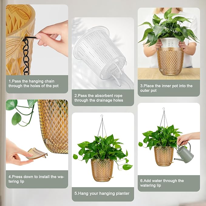 QCQHDU 2 Pack Self Watering Pots, 7.2 Inch Flower Pots with Drainage Holes and Water Filling Port, Garden Planter for Indoor Outdoor Plants (Gold)