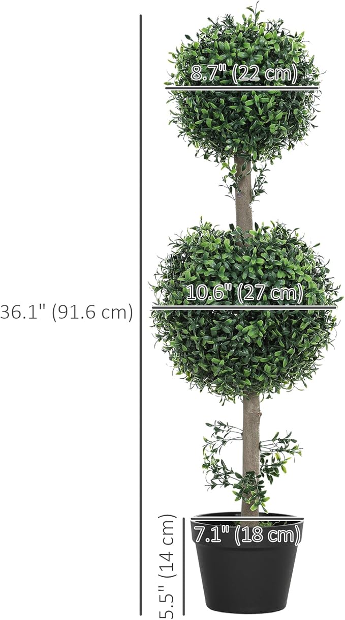 HOMCOM Artificial Plants Topiary Ball-Shaped Boxwood Trees in Pot Set of 2 Fake Plants for Home Indoor Outdoor Front Porch Decor, 36 Inch, Green