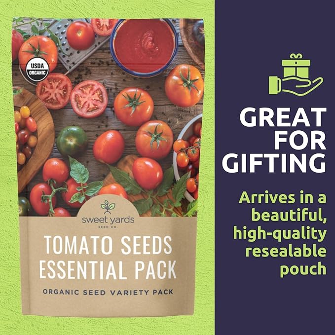 Organic Tomato Seeds Variety Pack - 5 Individual Packs - 2026 Season - Roma, Pink Brandywine, Sweetie Cherry, Black Krim & Pineapple. for Indoor & Outdoor Planting (Non-GMO, Certified Organic)