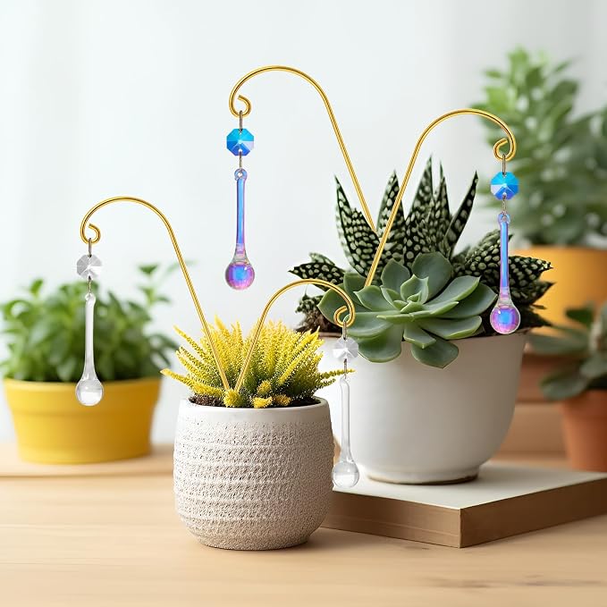 Potted Plant Trellis with Colorful Crystal Sun Catchers, 6.7 Inch Metal Plant Stakes, Fairy Stakes for Mini Potted Plant Decoration for Home Window Garden (4 Pack)