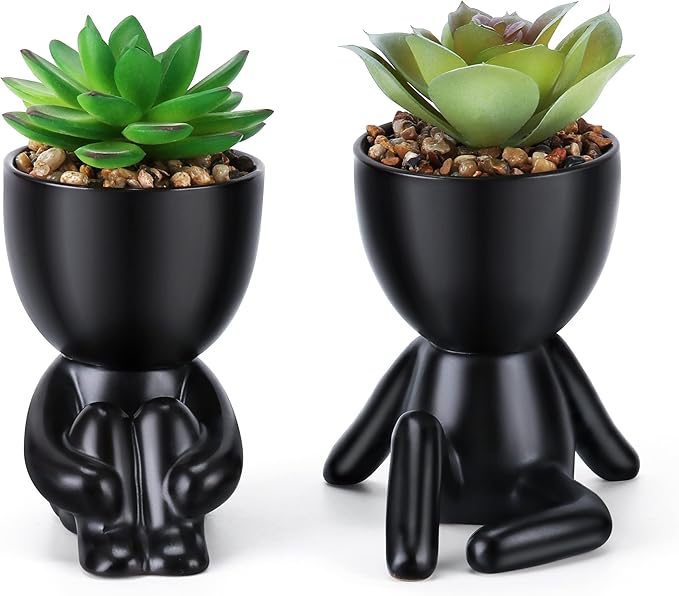 Fake Succulent, Mini Succulents Plants Artificial in Black Modern Human Shaped Ceramic Pots Desk Decor Desk Plant for Office Decor for Women, Cute Fake Plants Bathroom Decor 2PCS