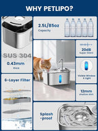 Cat Water Fountain Stainless Steel for Cats Indoor 2.5L 85oz by BPA-Free SUS304, 4pcs Effective 6-Layer Filter Cat Fountain for Drinking 20dB Ultra Quiet Metal Pet Water Fountain (Fountain+4 Filters)