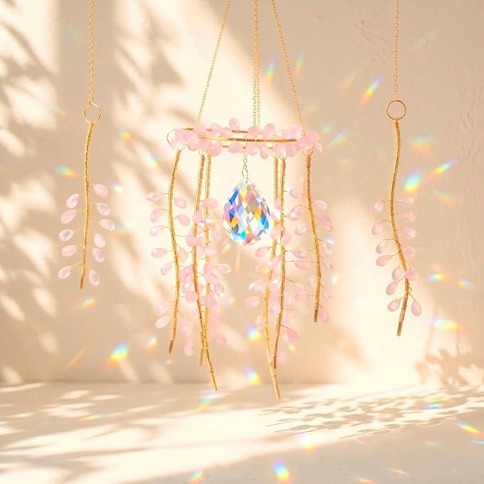 3 Pack Crystal Suncatchers for Window Boho Decor— Pink Plant Inspired Hanging Wind Chimes with Chain Rainbow Prism Indoor Outdoor Home Decor & Plant Lover Gift ﻿