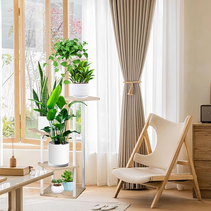 5 Tier Plant Stand Indoor, Thickened Metal Wood Corner Plant Shelf Stands for Multiple Plants, Indoor Tall Plants Stand Tiered Flower Holder for Living Room Patio Garden Balcony(White+Oak)