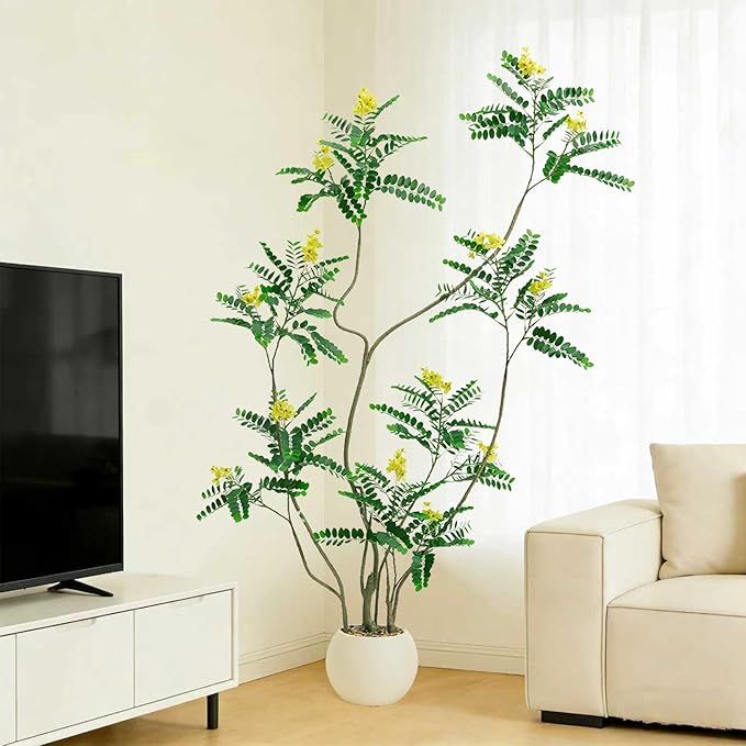 Artificial Mahonia Fortunei Tree - 6FT Artificial Plants Indoor, Fake Floor Plant with White Planter, Tall Sumac Faux Plants for Decor Indoor Home Sala Office Hotel Patio Studio (Yellow)