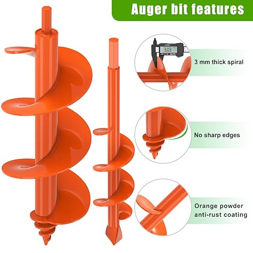 Insaga 2Pack Auger Drill Bit for Post Hole Digger, Spiral Garden Earth Auger Bulb Drill Bit for Planting 1.6 x 9'' and 4 x 12'', Hole Digger for Fence Posts,Flowers Plants, Fits 3/8" Hex Drive Drill