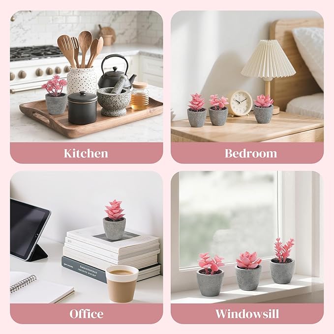DomeStar Set of 6 Artificial Succulent Plants Potted, Assorted Decorative Pink Faux Succulent Potted Fake Cactus Cacti Plants with Pots