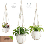LEWESU 3 Pack Macrame Plant Hanger Indoor 3 Different Sizes Hanging Planter Basket Flower Pot Holder with Wood Beads & No Tassels for Boho Home Decor, 23, 30, 35 Inch, Ivory (Pot Not Included)