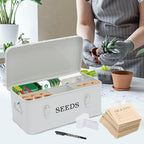 Seed Storage Organizer, 4 Compartment Seed Storage Box with Safety Lock, Metal Seed Box Seed Packet Container with 1 Pen, 12 Slots, 20 Plant Labels & 30 Seed Envelopes, White Gardening Gift