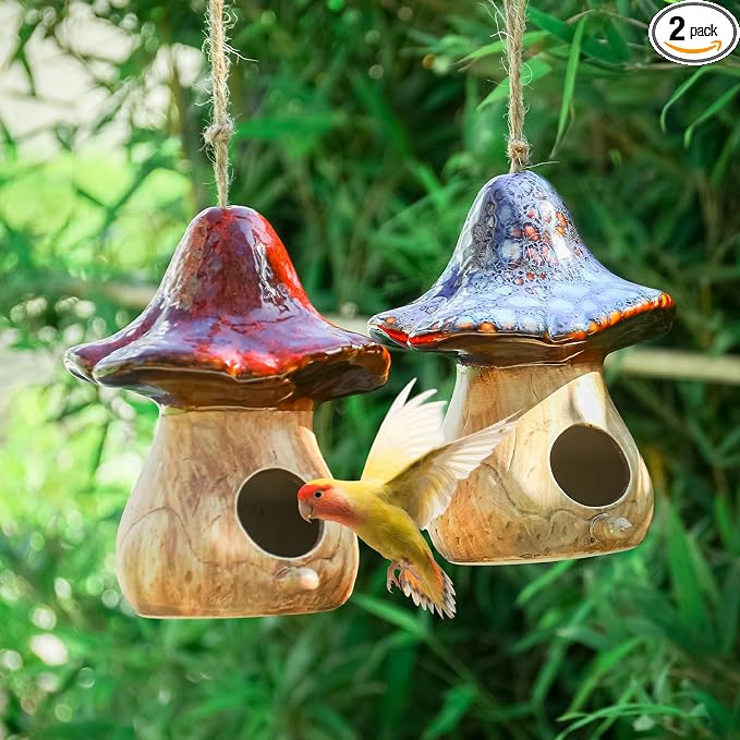 Yinns Birdhouses - Hanging Bird House, Set of 2 Bird Houses for Outside, Decorative Mushroom Bird House Blue and Red Ceramic Birdhouses for Wild Birds, Finch, Cardinal, and Bluebird
