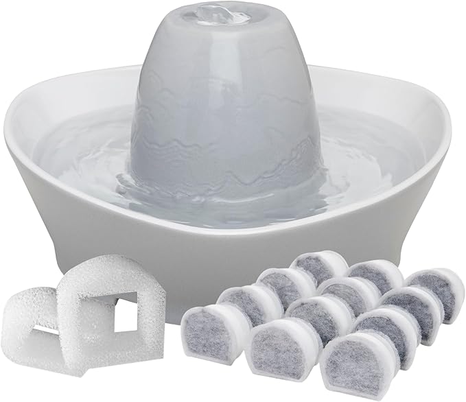 PetSafe Ceramic Pet Fountain for Cats and Small Dogs 60 Oz Water Capacity Whisper-Quiet Water Flow Great for Shy or Timid Pets Fresh, Filtered Water - Extra Carbon and Foam Filters Included