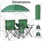 Goplus Double Camping Chair with Umbrella, Folding Loveseat Chairs w/Canopy Shade, Carrying Bag, Table, Cup Holder, Portable Beach Chairs Outdoor Picnic Patio (Green)