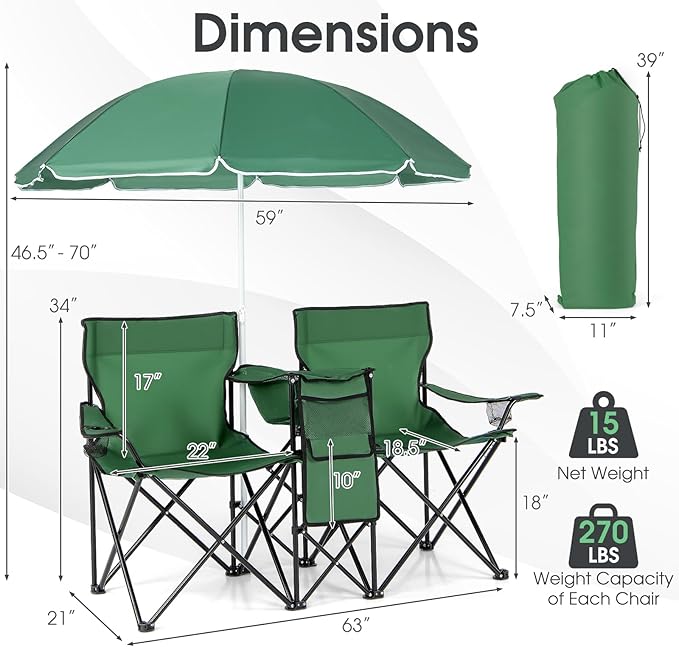 Goplus Double Camping Chair with Umbrella, Folding Loveseat Chairs w/Canopy Shade, Carrying Bag, Table, Cup Holder, Portable Beach Chairs Outdoor Picnic Patio (Green)