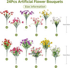 Alupssuc 24 Bundles Artificial Flowers for Outdoors Decoration, UV Resistant Silk Faux Daisy Flora Spring Fake Plastic Plants Greenery for Outside Indoor Yard Home Porch Window Box Decor, Mix 6 Colors