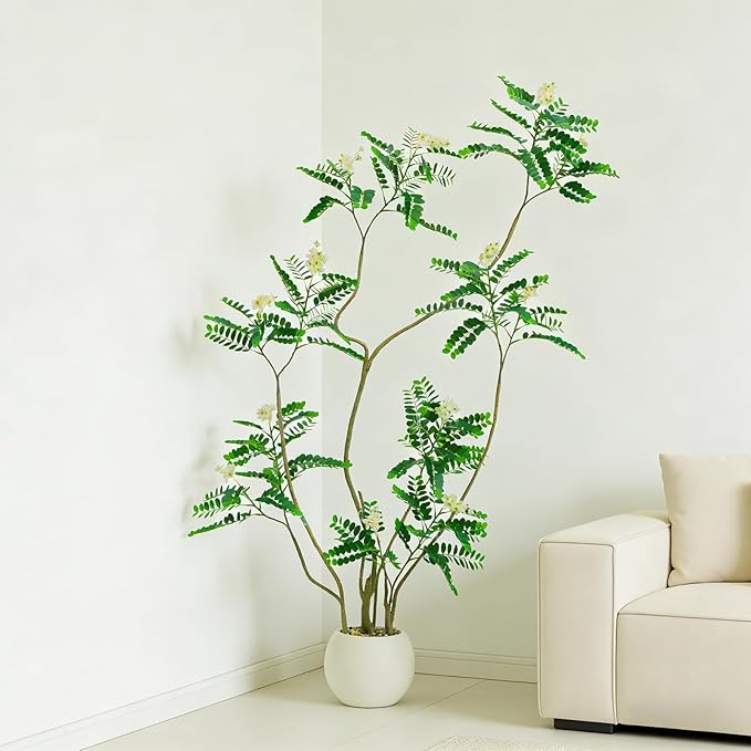 Artificial Locust Tree, 6FT Tall Artificial Plants Indoor with White Flowers & Pot, Large Floor Plant Faux Sophora Fake Flower Tree Silk Plants for Indoor Office Home Room Balcony Porch Decor