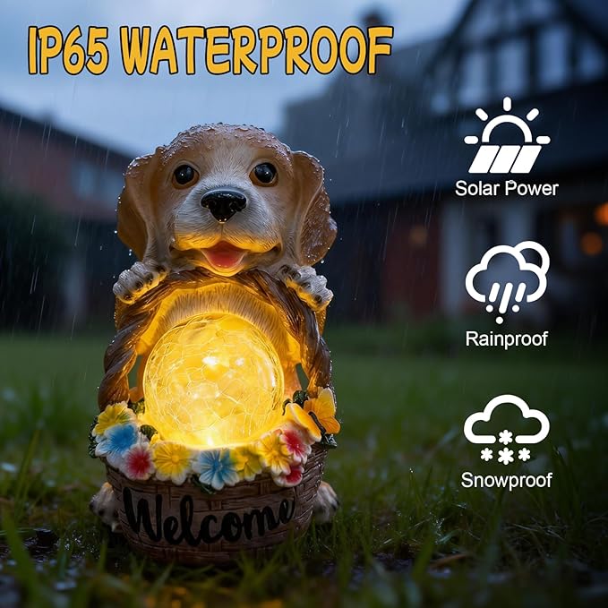 Solar Dog Garden Statues Decor with Flower Waterproof Figurine Resin Sculpture Gift for Mom Grandma, Outdoor Decorations for Porch Patio Lawn Yard Home House Gardening Birthday Housewarming (Dog)