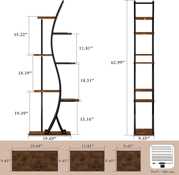 62" Plant Stand Indoor with Grow Lights - 7 Tiered Tall Metal Plant Shelf - Corner Wooden Plant Stand for Indoor Plants Multiple, Large S-Shape Flower Rack Holder for Living Room, Garden, Patio Decor