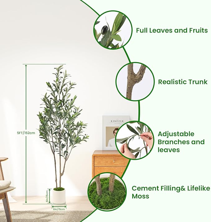 Alupssuc 5ft Olive Trees Artificial Indoor & Outdoor, Faux Olive Tree with Lively Artificial Trunk and Lifelike Fruits, Fake Potted Tree for Modern Home Office Living Room Decor