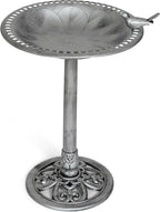 Backyard Expressions Outdoor Garden Bird Bath with Bird - Silver - Weather Resistant Polyresin - 30 Inch