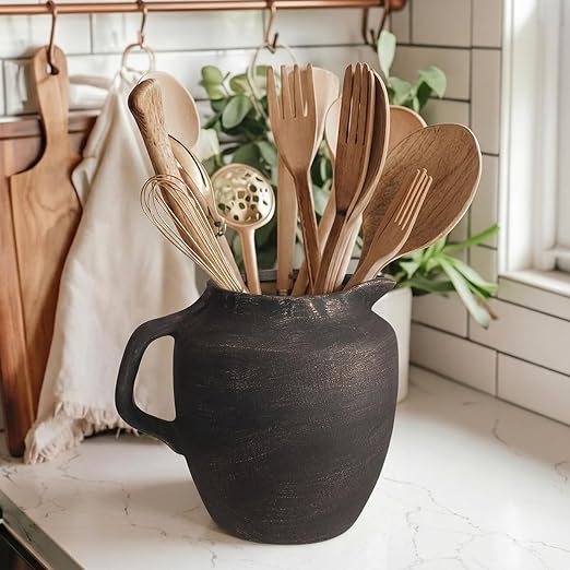 Potchen Rustic Kitchen Utensil Holder with Handle,7.48" H Ceramic Vintage Utensil Crock for Countertop, Farmhouse Kitchen Decoration Ceramic Pot for Spatulas Spoons Tongs(Novelty,Antique Black Gold)