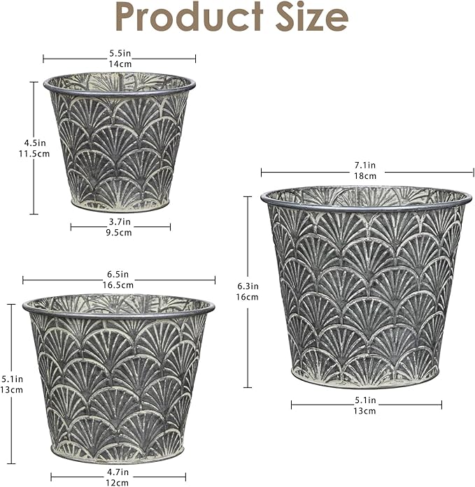Silver Metal Rustic Flower Pots - 3 PCS Galvanized Planters Rustproof Durable Metal Buckets Plant Pots Vintage-Inspired Charm Rustic for Farmhouse Garden Herb Indoor Outdoor Decor(Dia.5.5"/6.5"/7.1")