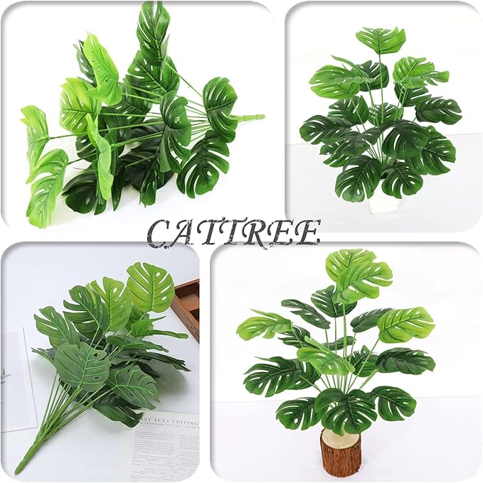 Artificial Shrubs Plant, CATTREE Fake Tropical Palm 2 Pack Taro Leaves Faux Greenery Bushes Realistic Monstera Farmhouse Plants for Home Kitchen Garden Bathroom Bedroom Decor Outdoor Indoor Decoration
