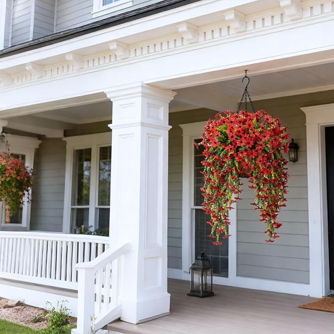 INXUGAO Fake Artificial Hanging Flowers for Outdoors Fake Plants Decoration, 2 Bundles Faux Silk Colorful Daisy Eucalyptus Realistic UV Resistant for Outside Home Planter Porch Patio Yard Decor(Red)