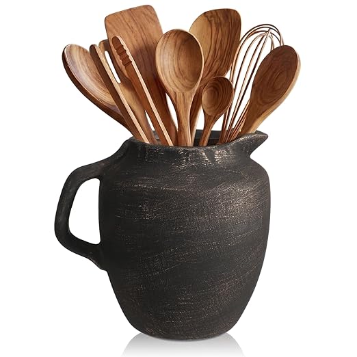Potchen Rustic Kitchen Utensil Holder with Handle,7.48" H Ceramic Vintage Utensil Crock for Countertop, Farmhouse Kitchen Decoration Ceramic Pot for Spatulas Spoons Tongs(Novelty,Antique Black Gold)