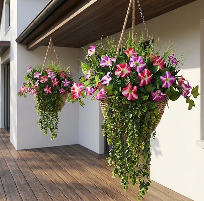 Waipfaru Artificial Plants & Flowers, UV Resistant Fake Plants Artificial Flowers Outdoors, Realistic Faux Petunias Fake Hanging Plants for Home Outside Garden Balcony (10 Bundle Fuchsia Lotus)