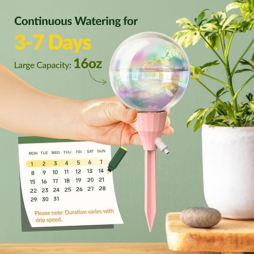 NiHome 2PCS 16OZ Plant Self-Watering Drippers with Adjustable Flow Control, Long-Lasting Automatic Watering Globes for Indoor Outdoor Plants, Tulip Shape Design for Small to Medium Pots (Pink + Green)