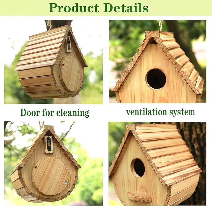 Bird House for Outside,Wood Birdhouses Outdoor, Wooden Bird House Bluebird Finch Cardinals Hanging Birdhouse for Garden Viewing