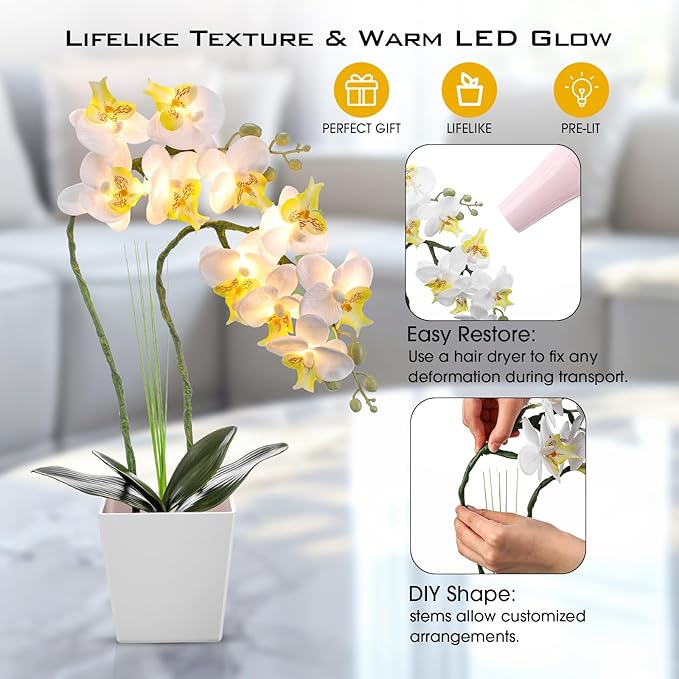 Riceshoot 2 Pack Lamp-LED Lighted Orchids Artificial Flowers, 20" White Real to Touch Faux Orchid with Pots Silk Phalaenopsis Plant for Table Centerpieces Home Office Living Room Wedding Decoration
