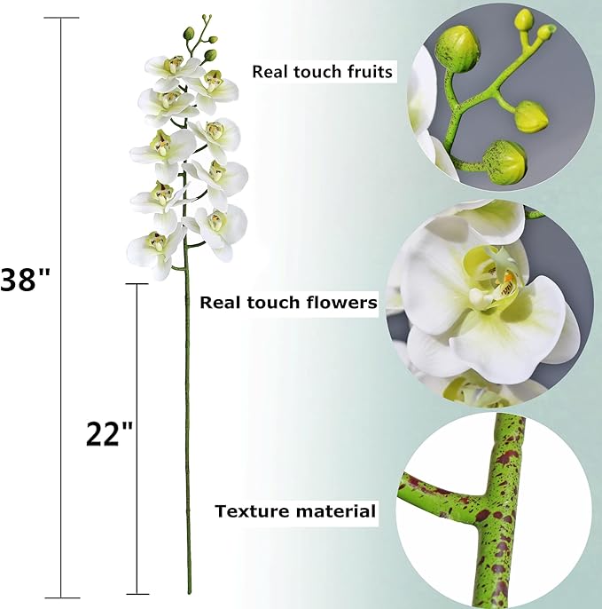 Htmeing 38 Inch Artificial Phalaenopsis Flowers Branches Real Touch (Not Silk) Orchids Flowers for Home Office Wedding Decoration,Pack of 2 (Green White)