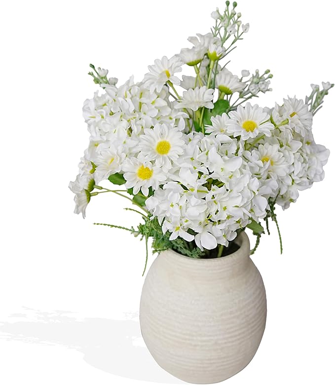Jahe Hydrangea Artificial Flowers Mixed Potted Plant, Faux Hydrangea Flowers Fenterpieces for Tables, Fake Daisy Mixed Bouquet with Pot, Living Room Bedroom Bathroom Balcony, White